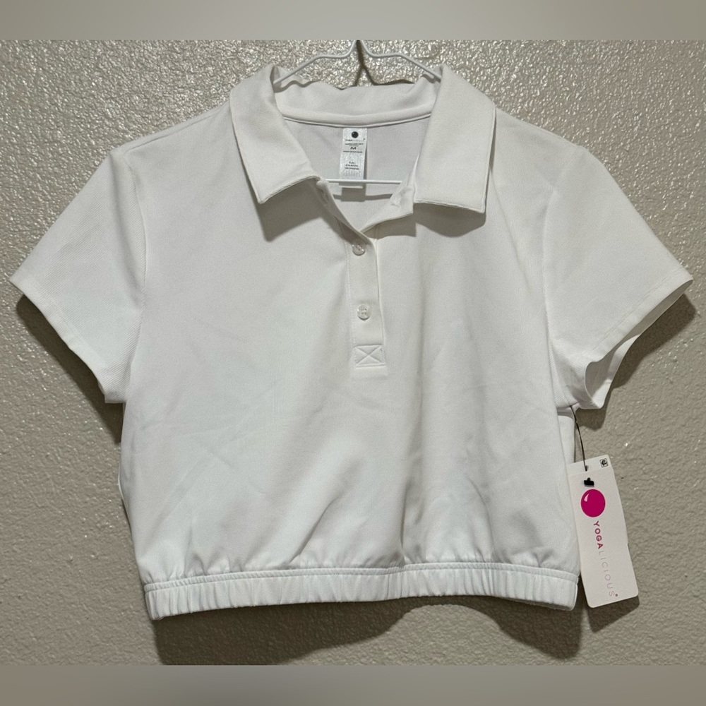NWT Yogalicious W Sz Med White Waffle Jane SS Cropped Polo Workout Athleisure